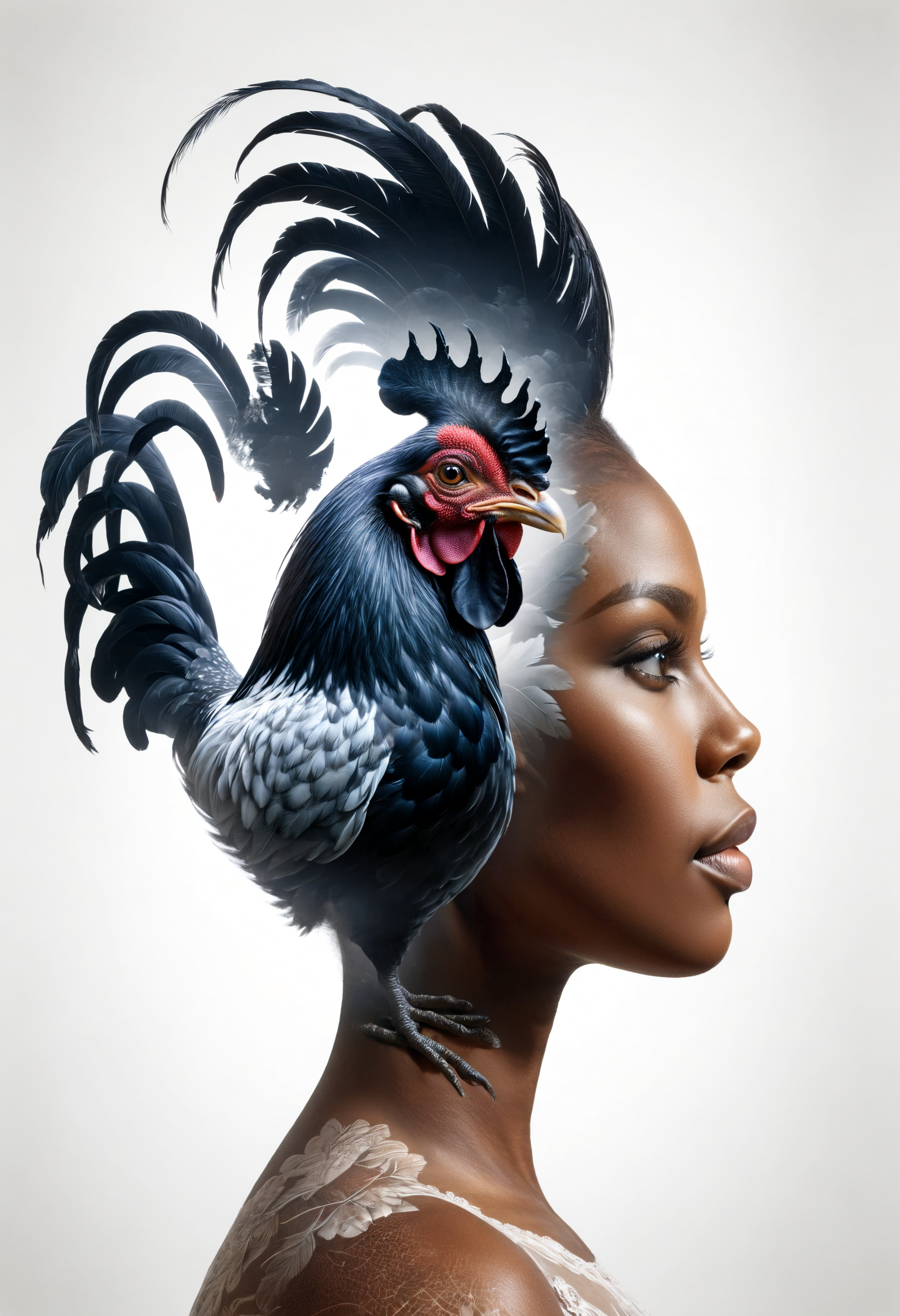 dvr-wwyt, a black woman, a big black rooster, double exposure <lora:dvr-wwyt:0.8>