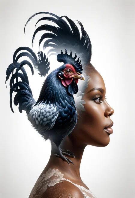 dvr-wwyt, a black woman, a big black rooster, double exposure <lora:dvr-wwyt:0.8>