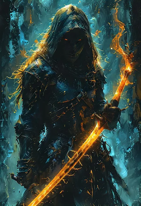 ultra detailed, dark, low-key, Bosstyle, chiaroscuro, amazing quality, masterpiece, best quality, hyper detailed, UHD, perfect anatomy, portrait, dof, majestic, blue hour, night:2, cinematic lighting, studio lighting, backlighting, hair lighting, warm light shining through a dress flowing in wind, 1girl, solo, tanned skin:0.8, tanlines, (tanned leather colored hood:2), gold accents, holding a magical flaming longsword with a glowing rune on the blade:2, Dual Swords, loincloth, (fractal art:1.6), (photographic reality, hyperrealism:2), concept art, digital art, realistic, loop lighting:1.2, Rembrandt lighting:1.2, atmospheric haze, cinematic composition, shadows, national geographic style.
