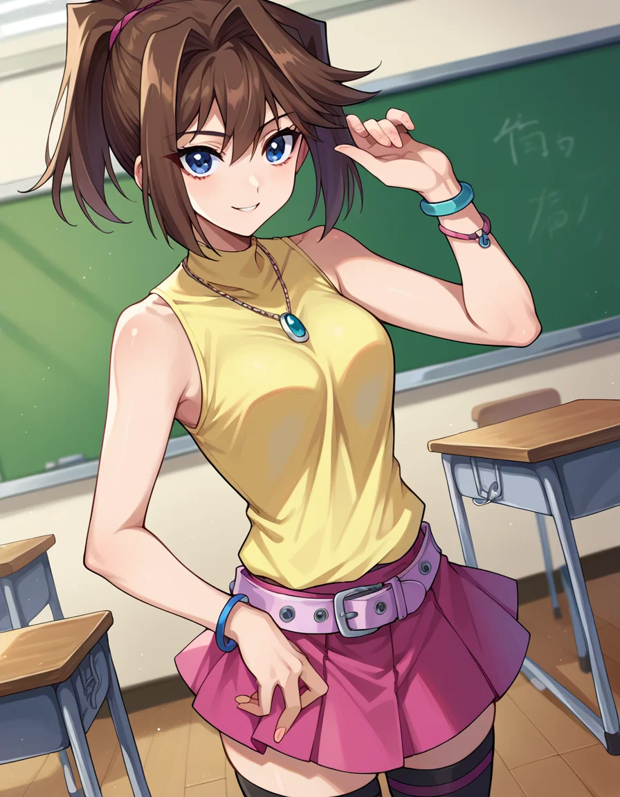 score_9, score_8_up, score_7_up, source_anime,
anzumazaki, <lora:anzu-mazaki-ponyxl-lora-nochekaiser:1>
anzu mazaki, blue eyes, brown hair, short hair,
bare shoulders, belt, black thighhighs, bracelet, jewelry, miniskirt, necklace, pleated skirt, ponytail, skirt, sleeveless, thighhighs, yellow shirt, pink skirt,
indoors, classroom, smile,
looking at viewer, cowboy shot, dutch angle,