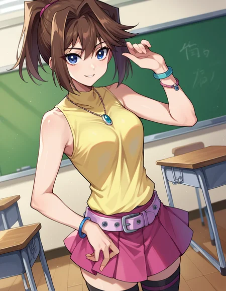 score_9, score_8_up, score_7_up, source_anime,
anzumazaki, <lora:anzu-mazaki-ponyxl-lora-nochekaiser:1>
anzu mazaki, blue eyes, brown hair, short hair,
bare shoulders, belt, black thighhighs, bracelet, jewelry, miniskirt, necklace, pleated skirt, ponytail, skirt, sleeveless, thighhighs, yellow shirt, pink skirt,
indoors, classroom, smile,
looking at viewer, cowboy shot, dutch angle,