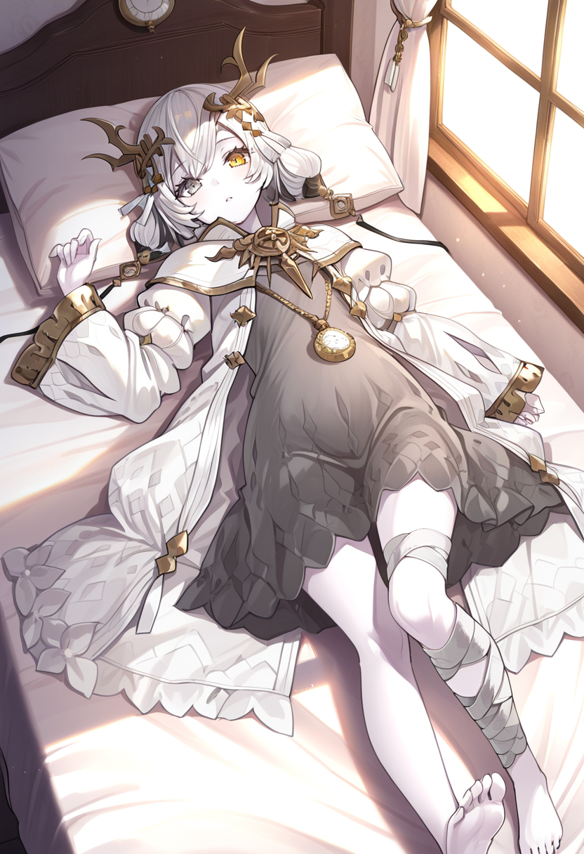 1girl, sole, masterpiece, best quality, high quality, kara ideasu(ryza), white hair, short hair, hair ornament, pale skin, heterochromia, yellow eyes, grey eyes, grey dress, white coat, pendant watch, bandages leg, barefoot, looking at viewer, indoor, on bed, on back, sunshine, window