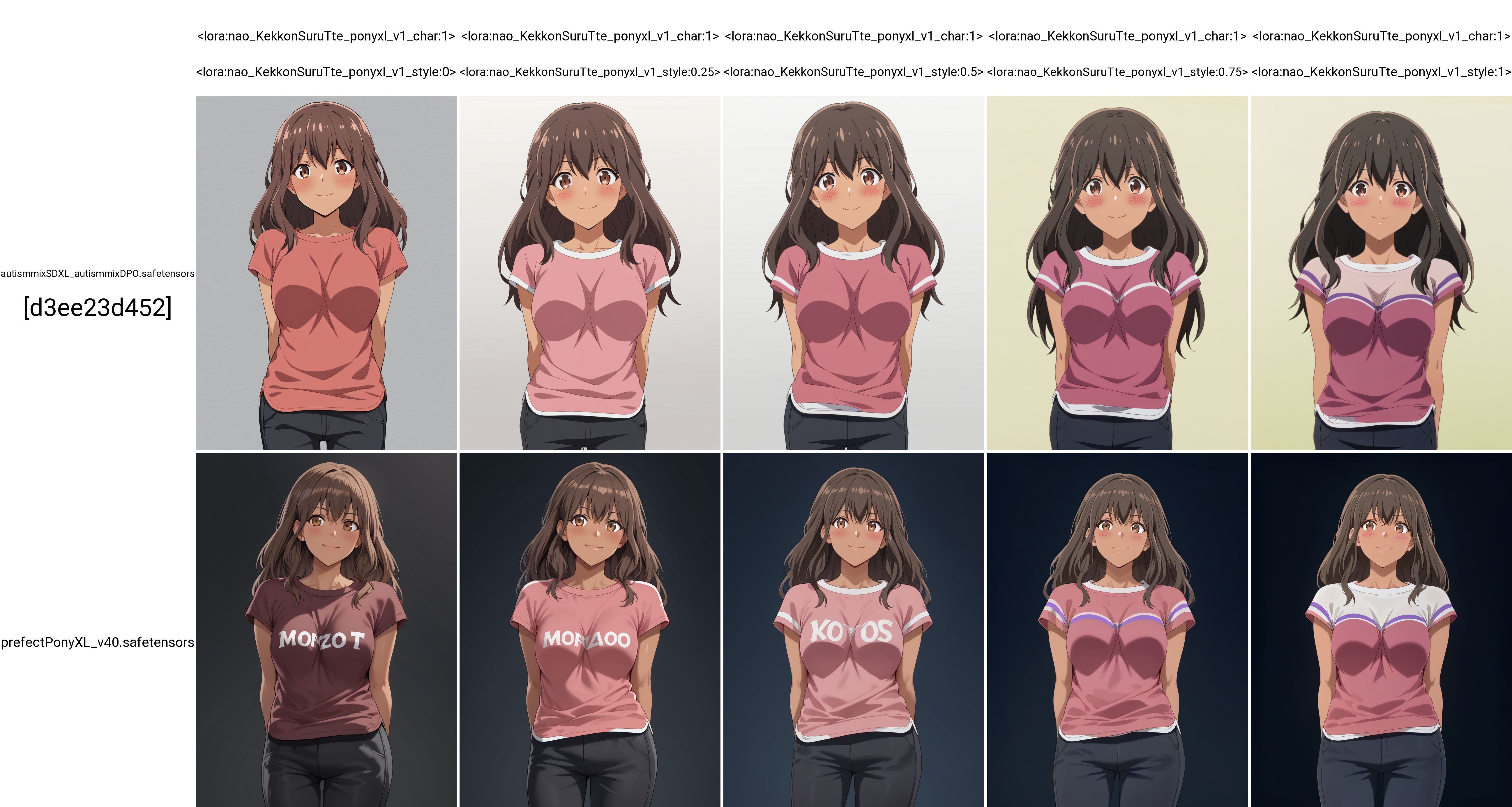 score_9
BREAK
nao_olis, tan, 1girl, solo, brown hair, brown eyes, long hair, t-shirt, black pants, looking at viewer, blush, smile, closed mouth, arms behind back
<lora:nao_KekkonSuruTte_ponyxl_v1_char:1> <lora:nao_KekkonSuruTte_ponyxl_v1_style:0>