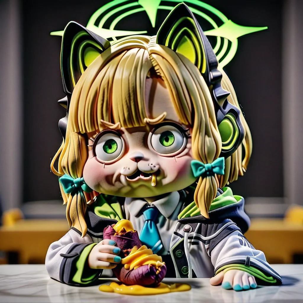 <lora:claymation-style_a31_xl_1:1>,claymation-style,<lora:chibi_drooling_a30_xl:1>,chibi,drooling,food on face,:3,(masterpiece),(best quality),1girl,midori \(blue archive\),blue archive,aiamu iamu,holding food,holding,hooded jacket,food,sidelocks,:d,collared shirt,blurry,long sleeves,puffy sleeves,headphones,blue bow,hand up,necktie,halo,looking at viewer,jacket,sleeves past wrists,blush,nail polish,blue necktie,animal ear headphones,blurry background,blonde hair,shirt,green eyes,hood down,open clothes,depth of field,hood,smile,white jacket,fake animal ears,bow,puffy long sleeves,open jacket,solo,dress shirt,animal ears,white shirt,blue nails,hair bow,long hair,drawstring,sweet potato,