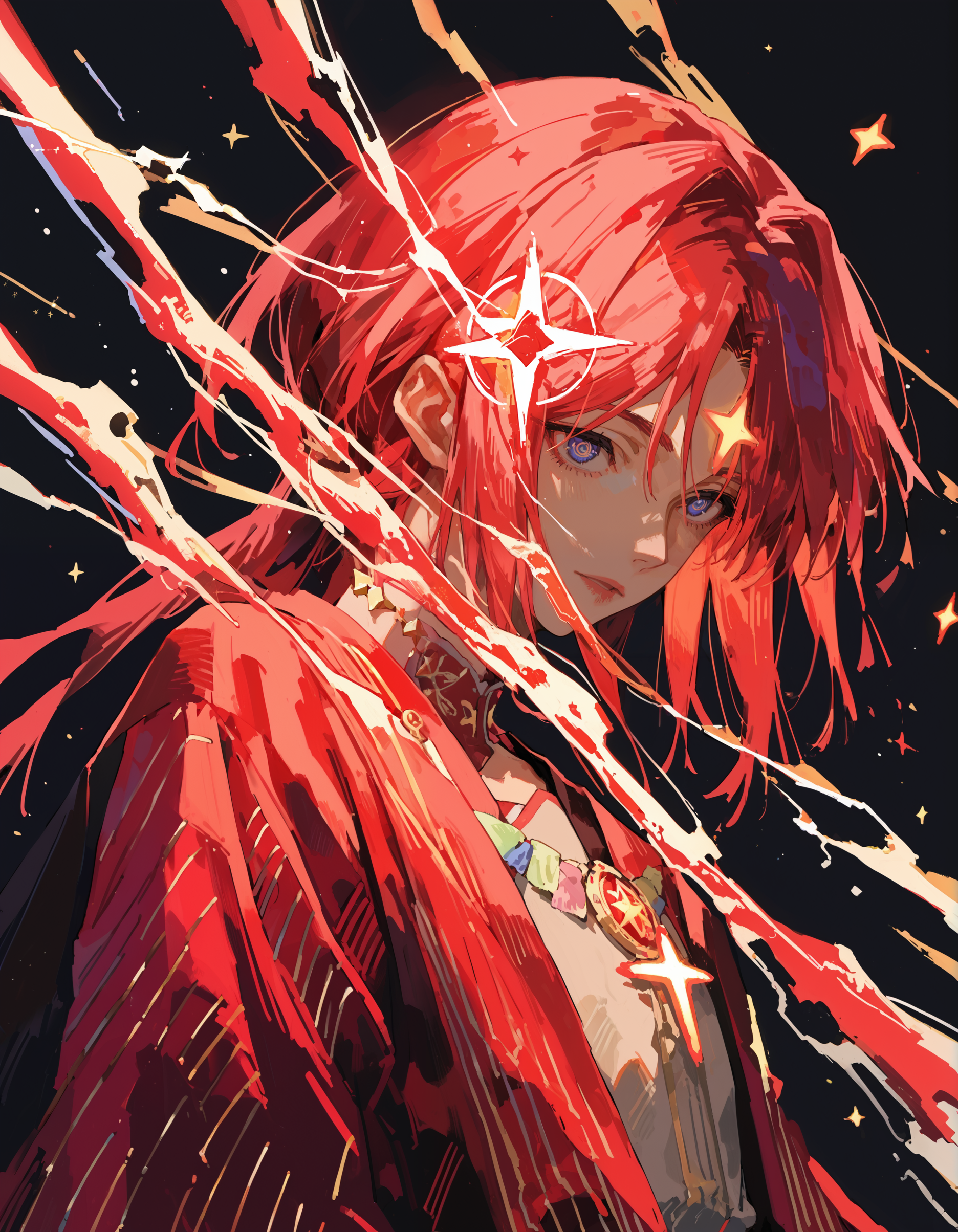 score_9, score_8_up, score_7_up, source_anime,intricate details,detailed background,Masterpiece,best quality,<lora:69yottea:0.8>,<lora:001:1>, 15546+456868, no humans, star (symbol), beam, black background, solo, glowing, red theme