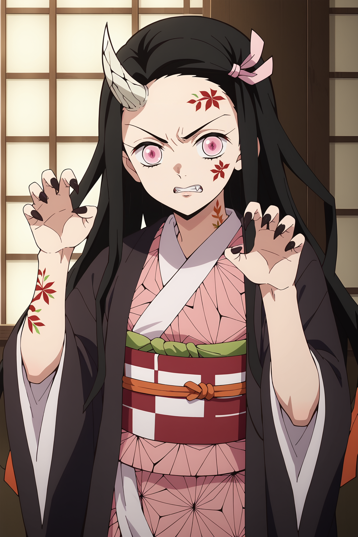 score_9, score_8_up, score_7_up, source anime, prefect lighting, very aesthetic, BREAK, anime screencap, anime coloring,
<lora:kamado_nezuko_v2-pdv6:0.9>, 1girl, kamado nezuko, kimetsu no yaiba, pink eyes, black hair, brown hair, two-tone hair, forehead, pink ribbon, 
nezuout, hair ribbon, japanese clothes, long sleeves, wide sleeves, pink kimono, checkered sash, obi, black haori, asa no ha \(pattern\), 
BREAK, looking at viewer, upper body, demon girl, single horn, slit pupils, fingernails, tattoo, angry, black fingernails, claw pose, veins, cracked skin,  
BREAK,