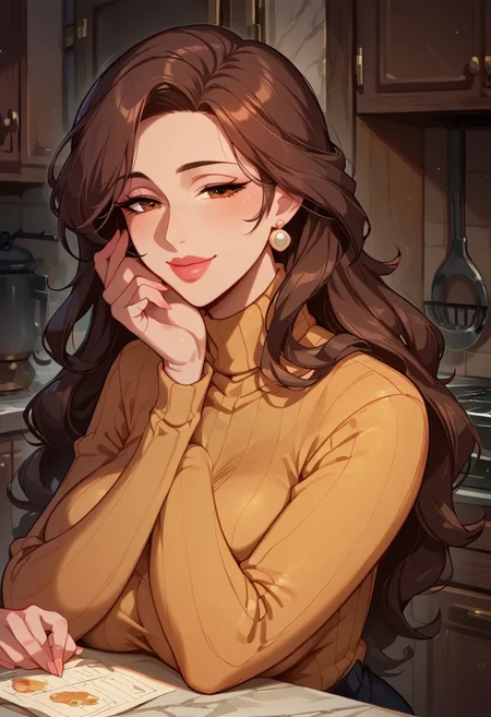 score_9, score_8_up, score_8, Expressiveh, good_hands, high quality, stunning, perfect eyes, masterpiece, 1woman, mature woman, mom, mommy, mother, motherly, wrinkles, smile lines, large breasts, kitchen, turtleneck sweater, face focus, long hair, wavy hair, full lips, huge lips,