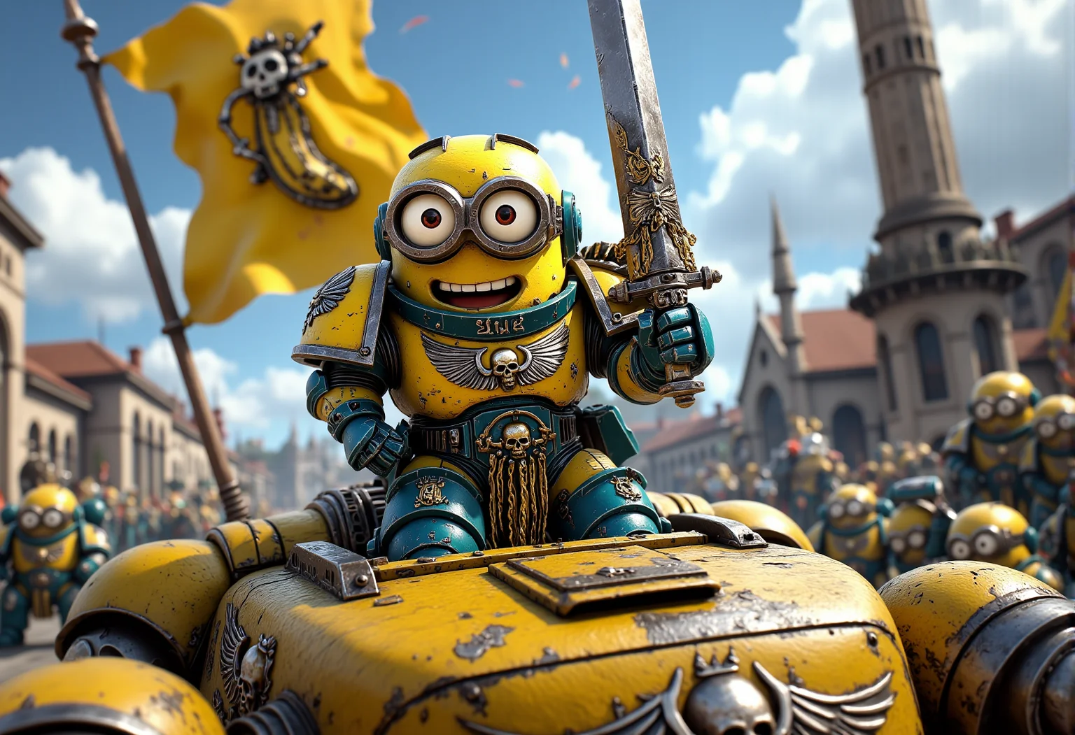 space marine. A short Minion dressed in elaborate Space Marine power armor, richly detailed, painted in bright Minion yellow and blue. The Minion is without a helmet (no helmet:2.0), showcasing their iconic Minion goggles, expressive eyes, and wide smile. The Minion is wielding a relic blade with etched Minion logos and banana-colored highlights. The Minion is depicted in a scene such as: leading an assault, standing on top of a Land Raider, a banner with a banana emblem flapping behind them. The Minion's expression is heroic but with a goofy smile. The scene should be depicted in a colorful but gritty Warhammer 40k style, with bright yellows and blues to emphasize the Minionsâ classic color scheme. The armor and weapons are detailed with ornate designs, but humor is maintained through Minion-themed accessories and comical touches. Witty details include: a small Minion carrying an oversized banner, visibly struggling to keep it upright. Background elements should resemble classic Warhammer 40k settings but with a humorous Minion twist, such as: a battle-worn cityscape with Minion statues posed heroically, some holding bananas instead of weapons. , <lora:sm2.safetensors:1.0:1.0>