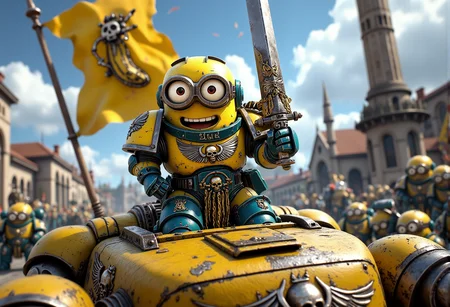 space marine. A short Minion dressed in elaborate Space Marine power armor, richly detailed, painted in bright Minion yellow and blue. The Minion is without a helmet (no helmet:2.0), showcasing their iconic Minion goggles, expressive eyes, and wide smile. The Minion is wielding a relic blade with etched Minion logos and banana-colored highlights. The Minion is depicted in a scene such as: leading an assault, standing on top of a Land Raider, a banner with a banana emblem flapping behind them. The Minion's expression is heroic but with a goofy smile. The scene should be depicted in a colorful but gritty Warhammer 40k style, with bright yellows and blues to emphasize the Minionsâ classic color scheme. The armor and weapons are detailed with ornate designs, but humor is maintained through Minion-themed accessories and comical touches. Witty details include: a small Minion carrying an oversized banner, visibly struggling to keep it upright. Background elements should resemble classic Warhammer 40k settings but with a humorous Minion twist, such as: a battle-worn cityscape with Minion statues posed heroically, some holding bananas instead of weapons. , <lora:sm2.safetensors:1.0:1.0>
