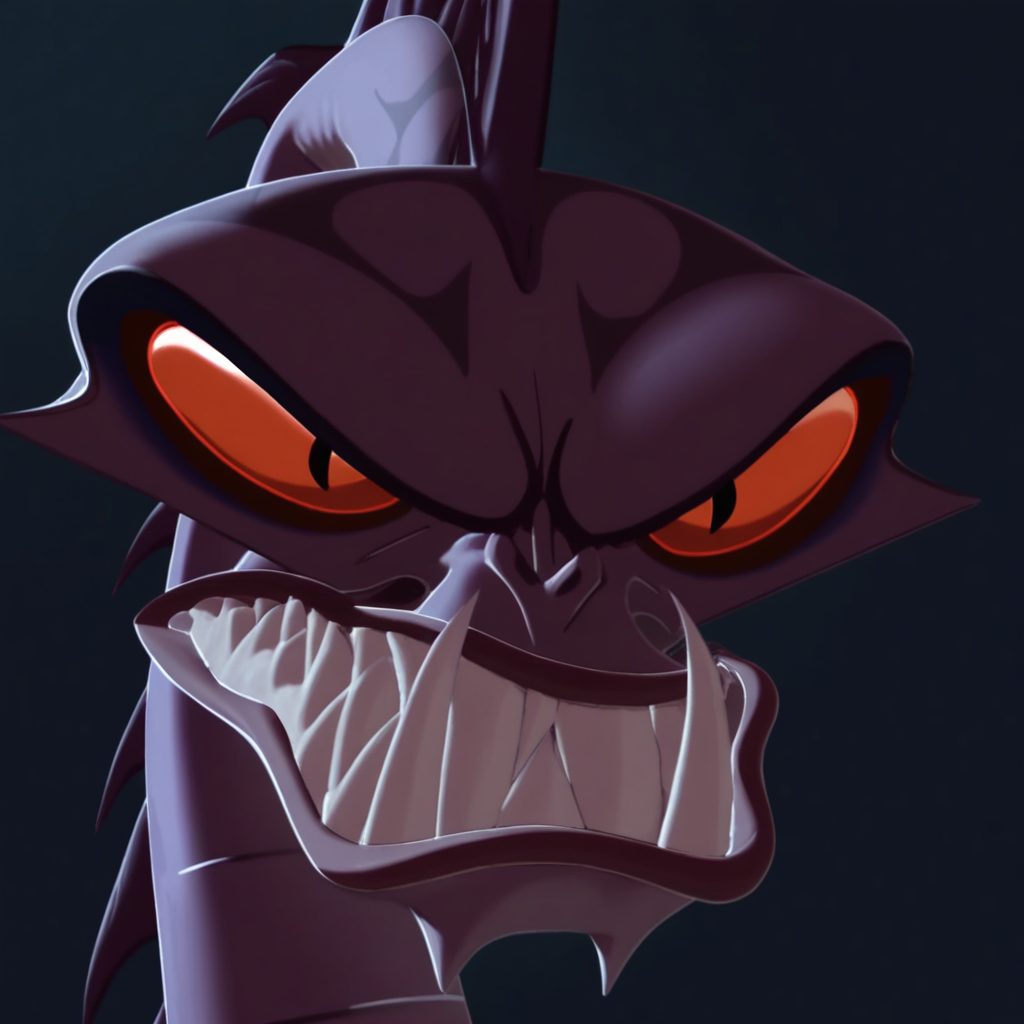 score_9, score_8_up, score_7_up, masterpiece, best quality, highly detailed, realistic, HDHC, solo, furry, feral, scalie, serpent, purple body, purple scales, orange sclera, black eyes, fangs, sharp teeth, long neck, close-up, angry, looking at viewer, wide eyes, black background, simple background