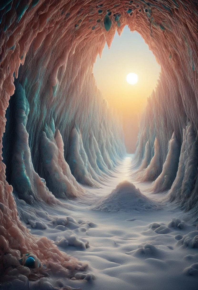 A weird creature made of peacock in a beautiful cave, sunrise, light roams through the cave and creates reflections in the snow, theW3iRDi3Sv2