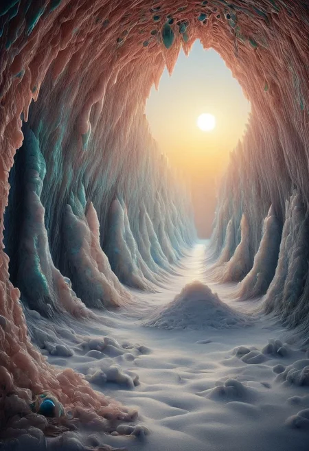 A weird creature made of peacock in a beautiful cave, sunrise, light roams through the cave and creates reflections in the snow, theW3iRDi3Sv2