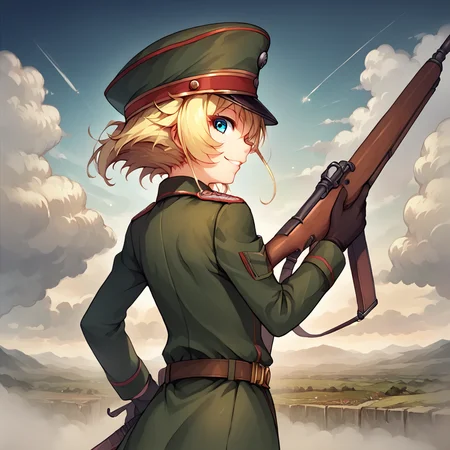 score_9, score_8_up, score_7_up,
TanyaDegurechaff, tunic, 1girl, solo, looking at viewer, smile, short hair, blue eyes, blonde hair, gloves, hat, holding, weapon, sky, belt, looking back, cloud, from behind, holding weapon, uniform, gun, military, military uniform, peaked cap, rifle, military hat
,score_9, source_anime
,<lora:TanyaPonyV2:0.8>