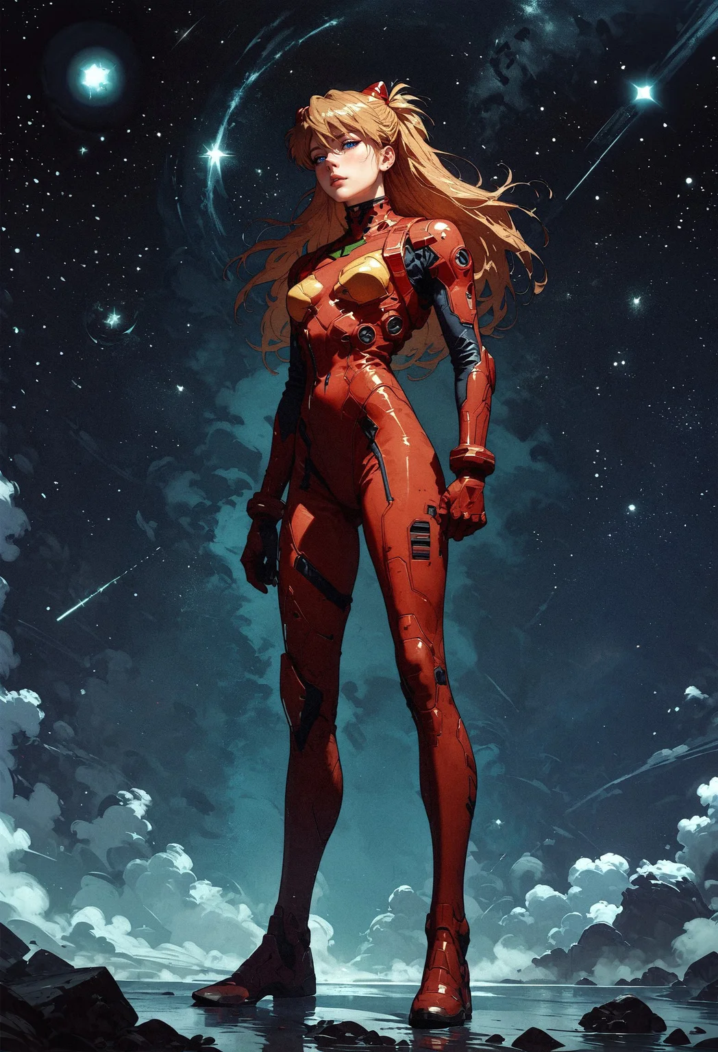 score_9, score_8_up, score_7_up, Asuka Langley Souryuu, full body, solo, in red plugsuit, against night sky, star sky, galaxy, Star Trek setting, retrofuturism, blonde hair <lora:pony/twilight_style:0.8> concept art, <lora:pony/expressiveh:0.8> expressiveh, <lora:pony/kenva:0.7> <lora:sdxl/sinfully_stylish_sdxl>