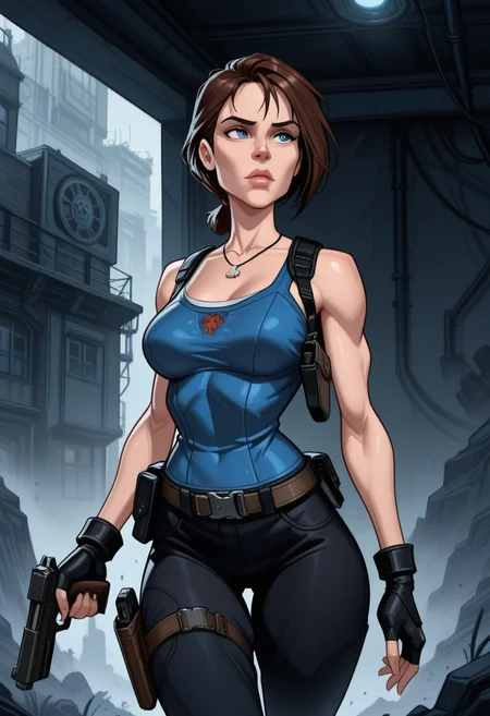w3st3rnt00n4, jill_valentine 1girl black_gloves black_pants blue_eyes blue_tank_top breasts brown_hair fingerless_gloves gloves gun handgun holding holding_gun holding_weapon holster jewelry medium_breasts necklace pants short_hair solo tank_top thigh_holster weapon,masterpiece,best quality,amazing quality,highres <lora:Western_Toon_4:1>
