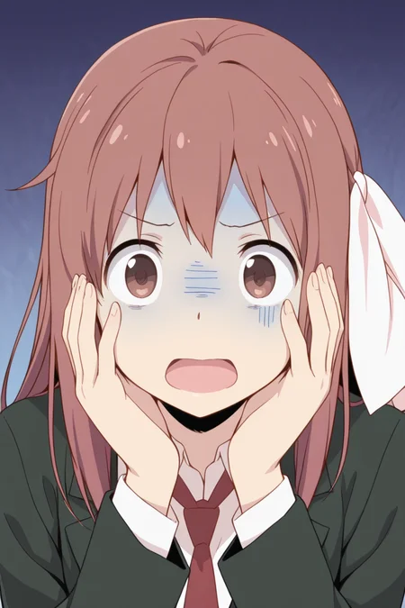 masterpiece, best quality, amazing quality,
<lora:Haruka_IL:1> haruka, 1girl, solo, necktie, brown hair, turn pale, school uniform, hands on own face, brown eyes, red necktie, open mouth, long hair, jacket, parody, shirt, blazer