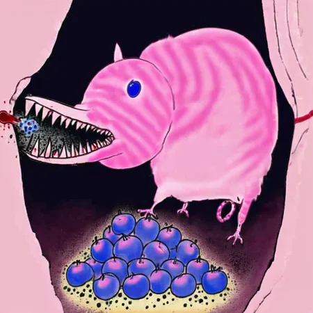 a pink wossum mammal peaking out of its dirty cave, long beak, sharp bloody teeth, holding a frightened blueberry with face, <lora:240527_WOSSUM:0.9>, masterpiece illustration