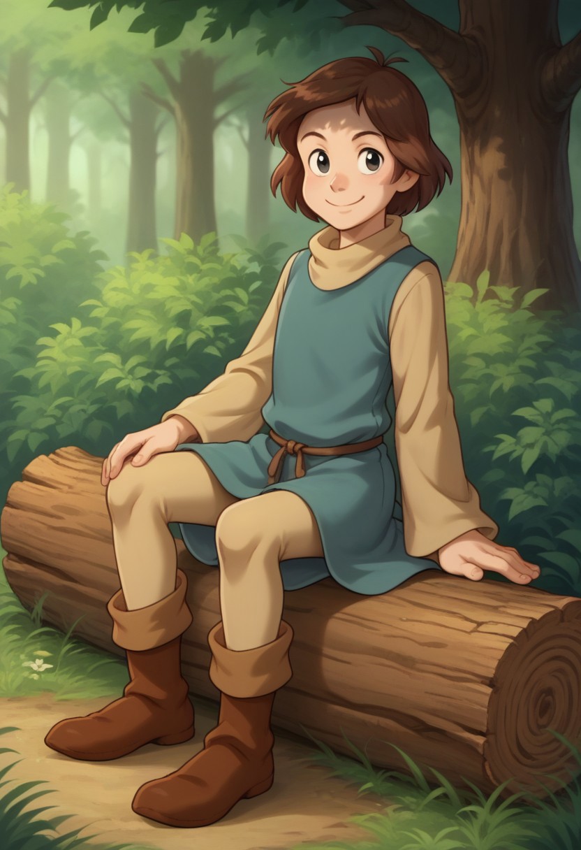 score_9, score_8_up, score_7_up, source_anime, highly detailed, 
cavin, 1boy, male focus, solo, brown hair, black eyes, tunic, long sleeves, blue tunic, brown sleeves, belt, rope belt, pantyhose, brown pantyhose, boots, brown footwear, smile, closed mouth,
outdoor, wood, nature, log, sit,