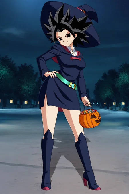 source_anime, score_9, score_8_up, score_7_up, anime screencap,8k, absurd res,
caulifla, 1girl, solo, breasts, looking at viewer, smile, black hair, long sleeves, blue headwear, blue dress, collared shirt, holding, standing, full body, boots, outdoors, food, ((sky)), green belt, long fingernails, black eyes, high heels, tree, hand on hip, witch hat, night, moon, knee boots, spiked hair, star \(sky\), candy, night sky, full moon, high heel boots, halloween, starry sky, witch, halloween bucket, v-shaped eyes, v-shaped eyebrows, blue footwear
<lora:caulifla_pony_v2:0.8>
