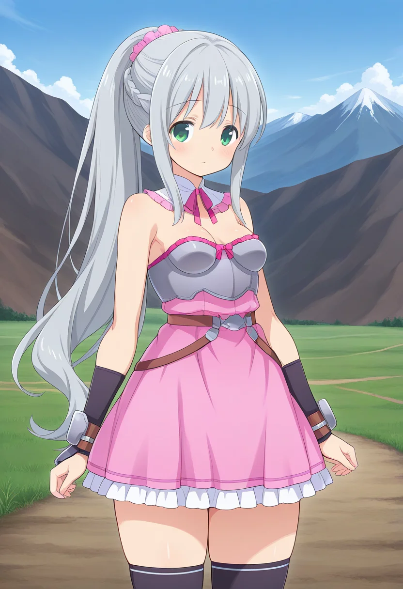1girl, solo, lalaciellalanciel, grey hair, very long hair, braid, ponytail, hair scrunchie, green eyes, detached collar, strapless dress, medium breasts, armor, arm_guards, bracers, breastplate, black thighhighs, standing, cowboy shot, outdoors, mountains, looking at viewer,