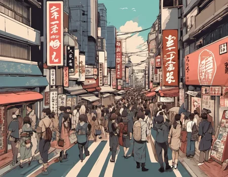 a busy street in tokyo, japan, in the art style of (jsmn style:1.1) <lora:jsmnStyle:1>