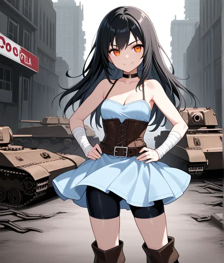 masterpiece, best quality, cola, long hair, black hair,choker, bare shoulders, bandages, boots, orange eyes,wrist wrap, belt, corset, bike shorts, bandaged arm, cleavage, light blue dress, 1girl, solo, young, smile, confident, hands on hip, post-apocalyptic background, buildings, military tanks
