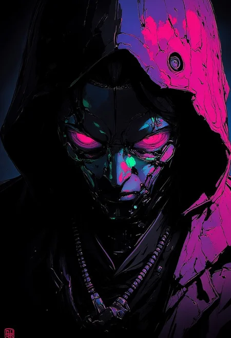 A close-up digital artworknistyle, monochrome manga sketch, A Closeup Portrait of an DARK badass cowboy sheriff, extreme Closeup of His Face - shrouded in mystery. He wears a, tattered high collar coat in a mesmerizing blend of vibrant colors, including neon pink, blue, green, and purple, which create an otherworldly, glowing effect. The fabric seems to blend seamlessly with the natural environment, as if it's a part of the sky. Hyperdetailed badass Closeup, hyperdetailed, deadly Gaze, mouth obscured by the coats high collar,