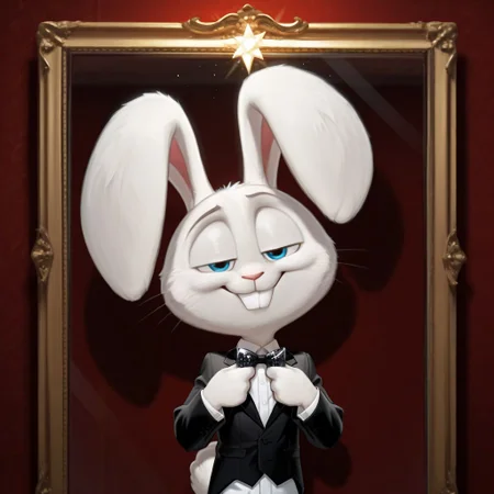 masterpiece, amazing quality, absurdres, ultra-detailed, detailed fluffy fur, no humans, furry male, solo, short, alec_azam, 1boy, white fur, blue eyes, whiskers, buck teeth, rabbit tail, long ears, (droopy ears:1.1), unaligned ears, grin, teeth, smug, half-closed eyes, eyelids, black suit jacket, white shirt, black bowtie, sequined bowtie, sparkly bowtie, glitter bowtie, detached collar, adjusting bowtie, hands up, leaning back, fluffy, body fur, fewer digits, 4 fingers, looking at viewer, big head, upper body, 
BREAK
looking at mirror, indoors, dressing room mirror, light bulbs, illuminated mirror frame, shadow, light particles, detailed shading, WaiIL25PosC