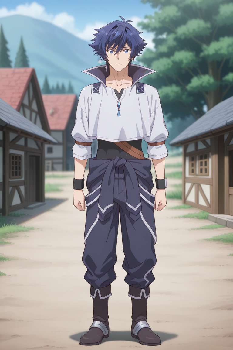 masterpiece, best quality, amazing quality,high resolution, intricate details,official style,depth of field,anime screencap, , , 1boy, solo, male focus,  <lora:Allen_Westfelt:0.93>,allen westfelt,blue hair,spiky hair,short hair,mole,jewelry,looking at viewer,long sleeves,closed mouth,collarbone, upper body,jump suit,cropped shirt,white shirt,short sleeve,full body,boots,wristband, expressionless,straight-on, village,outdoors,day,tree