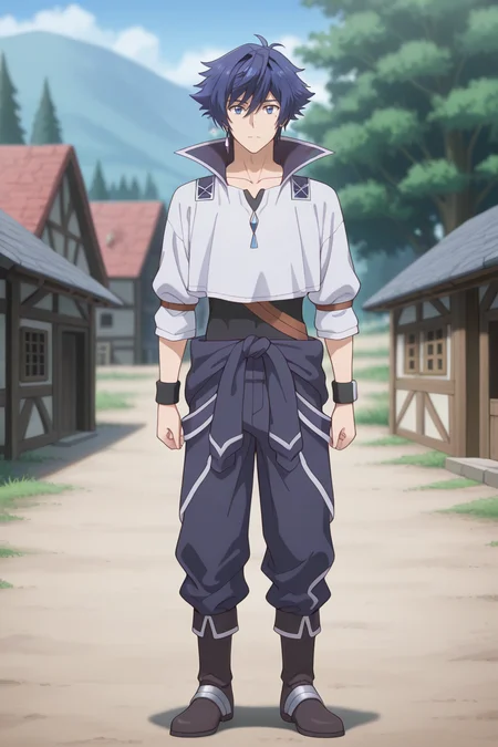 masterpiece, best quality, amazing quality,high resolution, intricate details,official style,depth of field,anime screencap, , , 1boy, solo, male focus, <lora:Allen_Westfelt:0.93>,allen westfelt,blue hair,spiky hair,short hair,mole,jewelry,looking at viewer,long sleeves,closed mouth,collarbone, upper body,jump suit,cropped shirt,white shirt,short sleeve,full body,boots,wristband, expressionless,straight-on, village,outdoors,day,tree