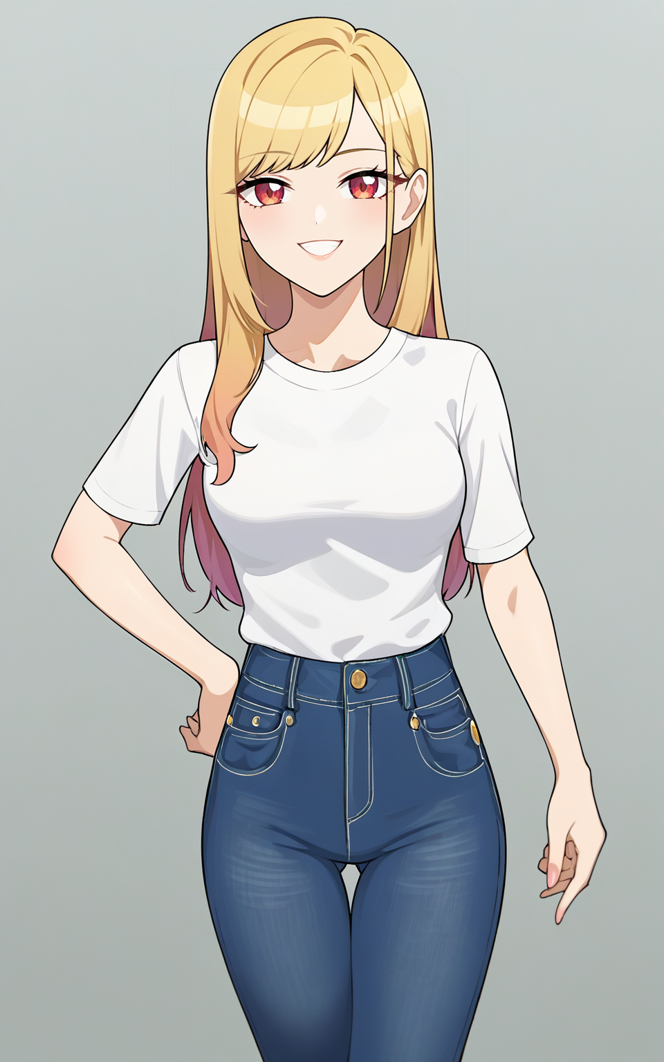 source_anime, score_9, highres, digital artwork, 2024 BREAK
<lora:YanWan v1 0 - Pony:1>
1girl, solo, standing, kitagawa marin, blonde hair, long hair, red eyes, looking at viewer, smile, white shirt, jeans, medium breasts, simple background, white background, thighs,
