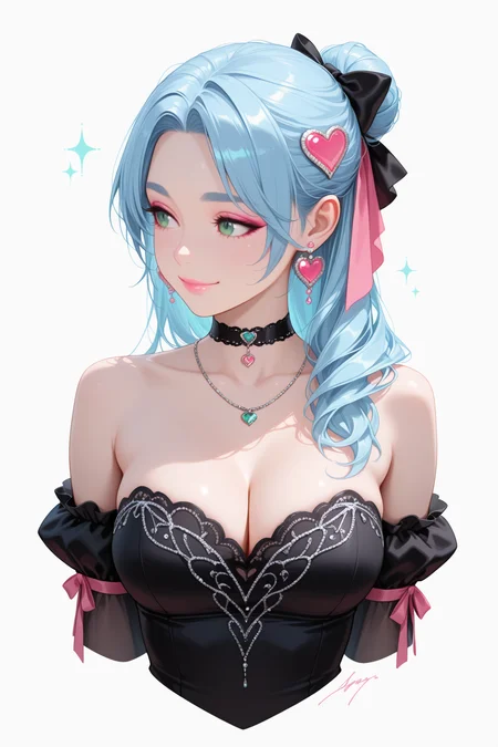 lazypos, 1girl, bare shoulders, black bow, black choker, black dress, black sleeves, blue hair, bow, breasts, choker, cleavage, closed mouth, collarbone, cropped torso, detached sleeves, dress, earrings, eyeshadow, green eyes, hair bow, hair bun, hair half over shoulder, hair ornament, hair ribbon, heart, heart hair ornament, jewelry, lipstick, long hair, looking to the side, makeup, mascara, necklace, parted bangs, pink eyeshadow, pink lips, pink ribbon, ribbon, signature, simple background, single hair bun, smile, solo, sparkle, strapless, strapless dress, thick eyebrows, white background <lora:TrendCraft_The_Peoples_Style_Detailer-v2.1A-3_12_2025-JANKU:0.2>