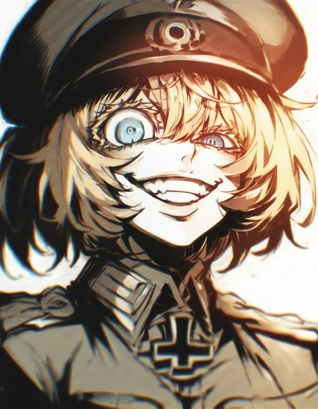 tanyatheevil, score_9, score_8_up, score_7_up, 1girl, gradient background, military uniform, eyes contact, monochrome, blue eyes, blonde hair, hat, evil smile, <lora:tanyatheevil:1>