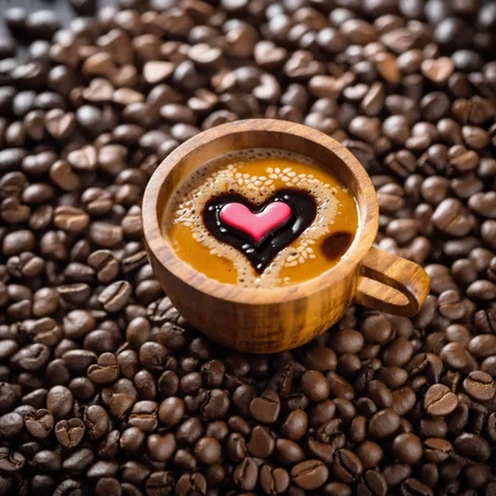 Food Photography, a ((hand crafted wooden cup((no handle)))) of hot coffee, ((garnished with a small heart-shaped layer of decoction on top of the coffee)), sitting on top of ((a pile of coffee beans spread over completely covering entire table top)), a stock photo by Thota Vaikuntham, unsplash contest winner, art photography, photo taken with nikon d750, stockphoto, stock photo