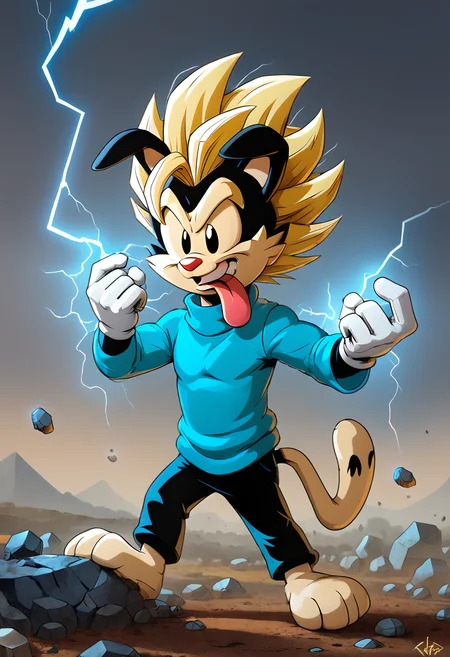 score_9, score_8_up, score_8, <lora:Wakko_Warner_Animaniacs_for_PonyXL:0.8> 1boy, furry, animal ears, w4kk0, tongue, white gloves, tail, blue sweater, super saiyan, aura, outdoors, plains, Kamehameha, solo, lightning, debris, blonde hair, spiky hair,