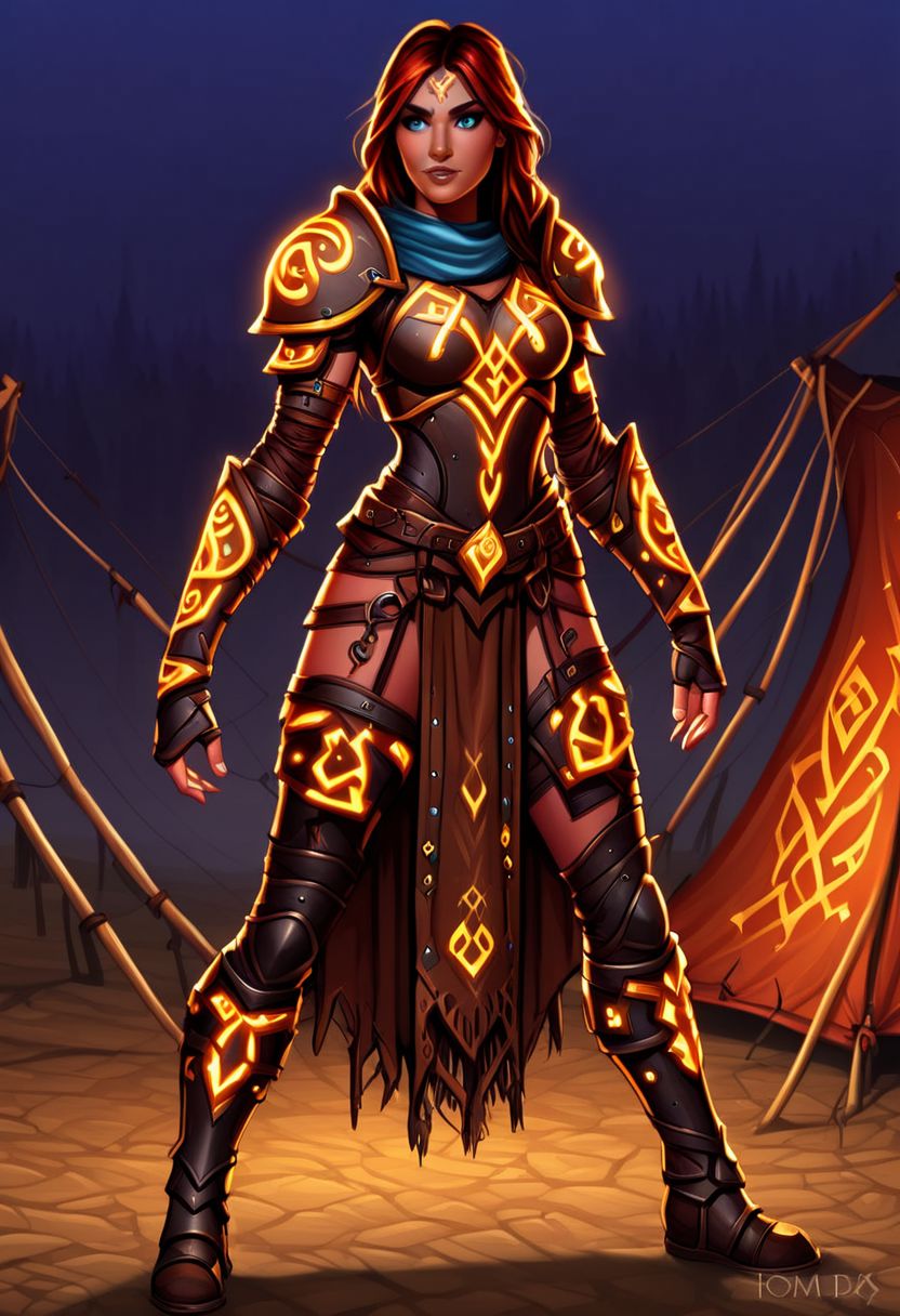 1woman, nomadic dancer, Flashfire glowing runes, digital art, cartoony realism, full body leather armor, background is nomadic tents