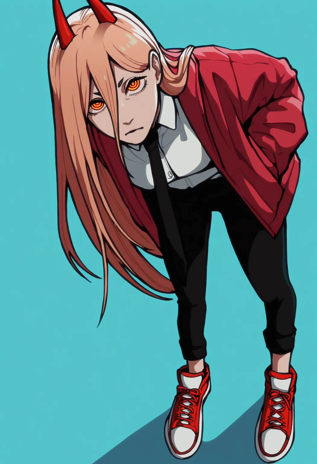masterpiece, best quality, absurdres, highres, 1girl, black necktie, necktie, solo, long hair, horns, red eyes, shirt, jacket, white shirt, pants, black pants, red footwear, collared shirt, shoes, blonde hair, blue background, simple background, power \(chainsaw man\), hands in pockets, facing viewer, looking at viewer, ringed eyes, leaning forward, close-up, red jacket, from above, upturned eyes,
<lora:pumps_ill:1>