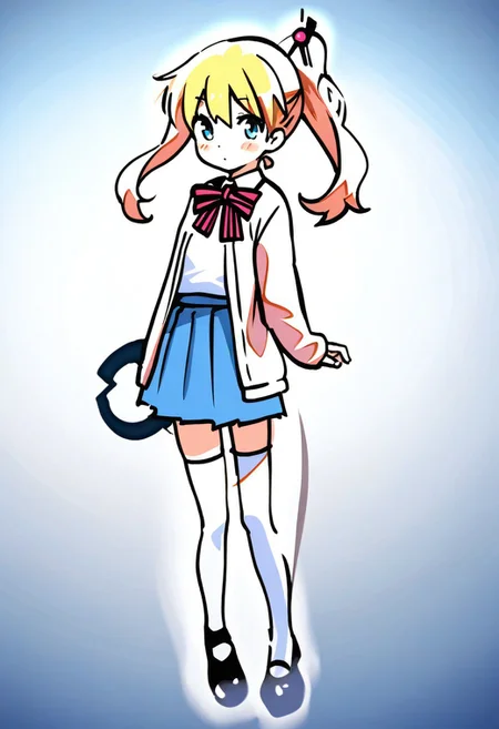 sdgs, 1girl, solo, (masterpiece,best quality,ultra_detailed,highres,absurdres:1.2), alice cartelet, hair ornament, white collared shirt, cardigan, open cardigan, striped bow, blue pleated skirt, white thighhighs, mary janes