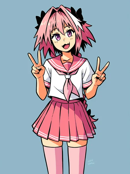 score_9, score_8_up, score_7_up, score_6_up, score_5_up, score_4_up, rating_safe
BREAK
astolfo \(fate\), otoko no ko, pink hair, braid,
BREAK
solo, standing, flat chest, pink serafuku, white shirt, pink thighhighs, pink skirt, peace sign,
BREAK
white background, <lora:Lunas-SwamiTsunami-SDXL-A1:1>