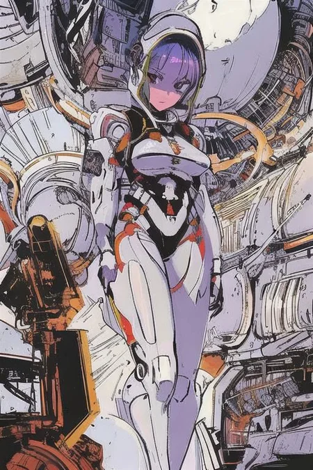2d artwork, line artwork, comic aesthetics, 1girl, gorgeous, spacesuit mech, looking at viewer, surreal, breathtaking high-tech hardware background, line noise, ancient, retrofuturism, old comic paper, 1girl, beautiful face, spacesuit mech, short hair, red eyes, black epi-space-suit mech, earth, universe