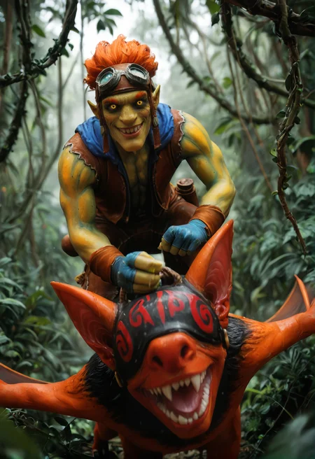 <lora:batrider_v1:1> yellow skin, batrider_v1, 1boy, goggles, goggles on head, bat, riding a bat, colored skin, smile, pointy ears, gloves, teeth, grin, wings, orange hair, riding, red hair, sharp teeth, yellow eyes, score_9, score_8_up, score_7_up, score_6_up, derpibooru_p_95,
detailed eyes, beautiful, detailed background, perfect eyes,
blur censor, blurry, blurry background, blurry foreground, bokeh, motion blur,
chromatic aberration, depth of field, figure, focused, focus
photography, realistic sun light and shadows, photorealism, UHD --ar 9:16 --style raw --stylize 700,
solo,
dense tropical jungle), with intense rainfall, mist, vines all around, giant and wet trees, tropical flowers, butterflies., submissive face, looking at you, falling in love, flirting,