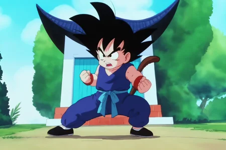 source_anime, score_9, score_8_up, score_7_up, anime screencap,8k, absurd res,
son goku, solo, open mouth, black hair, 1boy, standing, tail, full body, male focus, outdoors, sky, teeth, day, pants, cloud, black footwear, black eyes, tree, blue sky, fingernails, v-shaped eyebrows, frown, cloudy sky, grass, spiked hair, building, red wristband, nature, legs apart, serious, fighting stance, bush, looking afar, wall, house, brick wall, dougi, monkey tail, blue sash, blue pants, blue topwear, shoes, male child, chibi, sleeveless
<lora:gokudb_pony_v2:0.8>