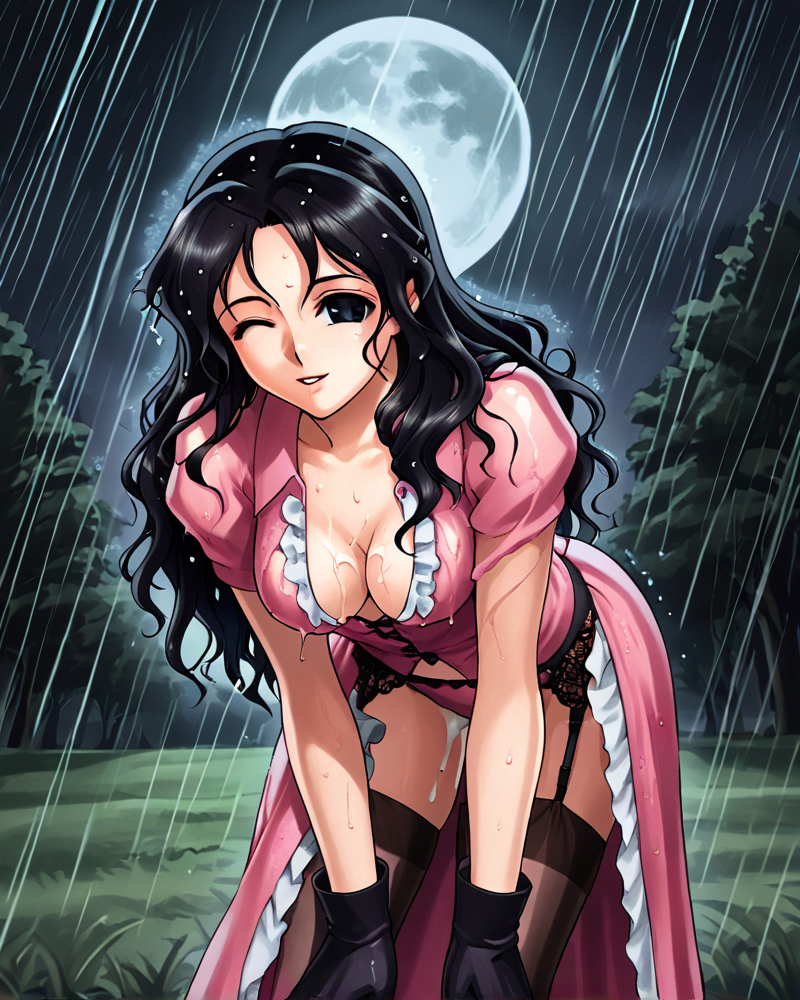 <lora:iruma_kamiri_style_FORPONY:1>1girl, legs, thighhighs, freckles, face perfect, thick, breasts, lips, looking down, parted lips, hands, gloves, boots, stockings, field, grass, ((black hair)), long hair, wavy hair, white eyes, empty eyes, pretty eyes, long dress, frills, night, moon, trees, wink, highres, shy, night, moon, frilled dress, garter strap, garter belt, garters, open dress, (rain), (wet), medium breasts, smirk, (leaning forward), cleavage, suggestive, suggestive smile, suggestive pose, (suggestive fluid), (suggestive liquid) witch, ((shadows)), ((shading)), thick