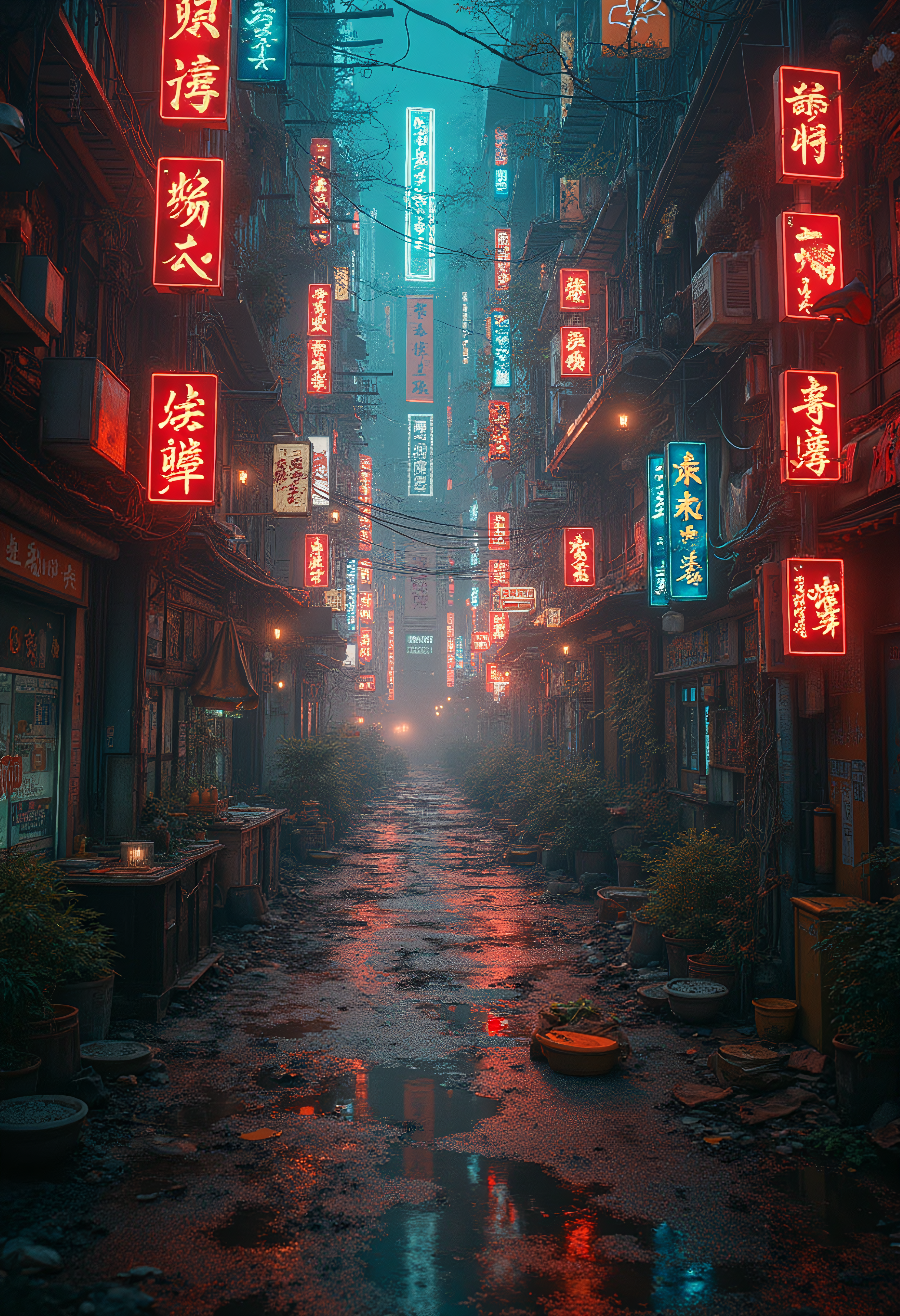 A city street alley illuminated by neon signs, night, lonely, vibrant, sharp details, 8k