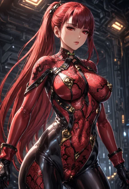 sci-fy, high tech style, dark backgrund, abstract background, close up, from below, expressive shadows, (eve stellar_blade), 18 y.o., arrogant, look at viewer, hands on thighs, long hair, expressive face, ((cameltoe)), black red skinbodysuit, red bodysuit, red intricate fractal patterns on bodysuit, (lace party), embroidered, huge breast, narrow waist, wide hips, perfect thighs, high detailed hair, (shiny skin, oiled body), barely covered, hentai style composition, cinematic light, OverallDetail, high-resolution, high detailed textures, blurred background, concept art, realistic, low light, (nsfw)