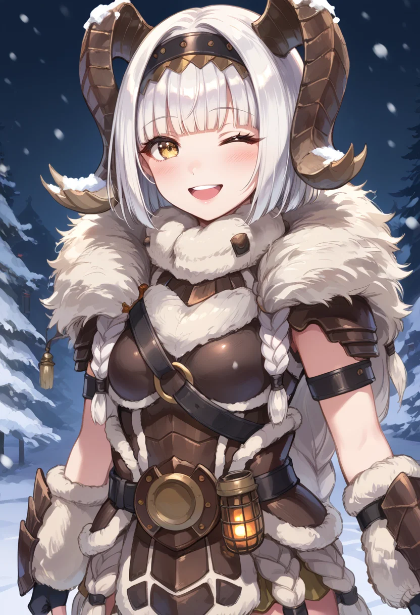 (score_9:0.9),score_8_up,score_7_up,rating_safe,anime style,(zPDXL),<lora:Banbaro beta armor ponyXL v1.2:0.75>,banbaro beta armor,1girl,solo,horn hairband,looking at viewer,smile,white fingerless gloves,open mouth,blush,white hair,yellow eyes,teeth,:d,cowboy shot,blunt bangs,long hair,short hair,snowing, snow, one eye closed,