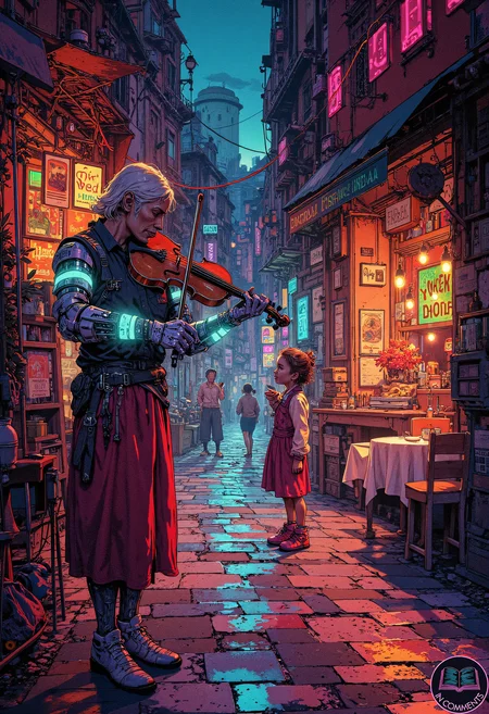 A digital illustration of a street musician playing an electric violin on a narrow cobblestone street in a cyberpunk town modeled after the Italian coastline of Cinque Terre. The musician, a middle-aged woman with a glowing cybernetic arm, attracts a small crowd of onlookers, including a young girl dancing with joy. The town is illuminated by colorful neon lights and holographic shop signs, and the sound waves from the music are visualized in the air as vibrant patterns. The scene is lively and full of local character, showcasing the fusion of tradition and advanced technology.