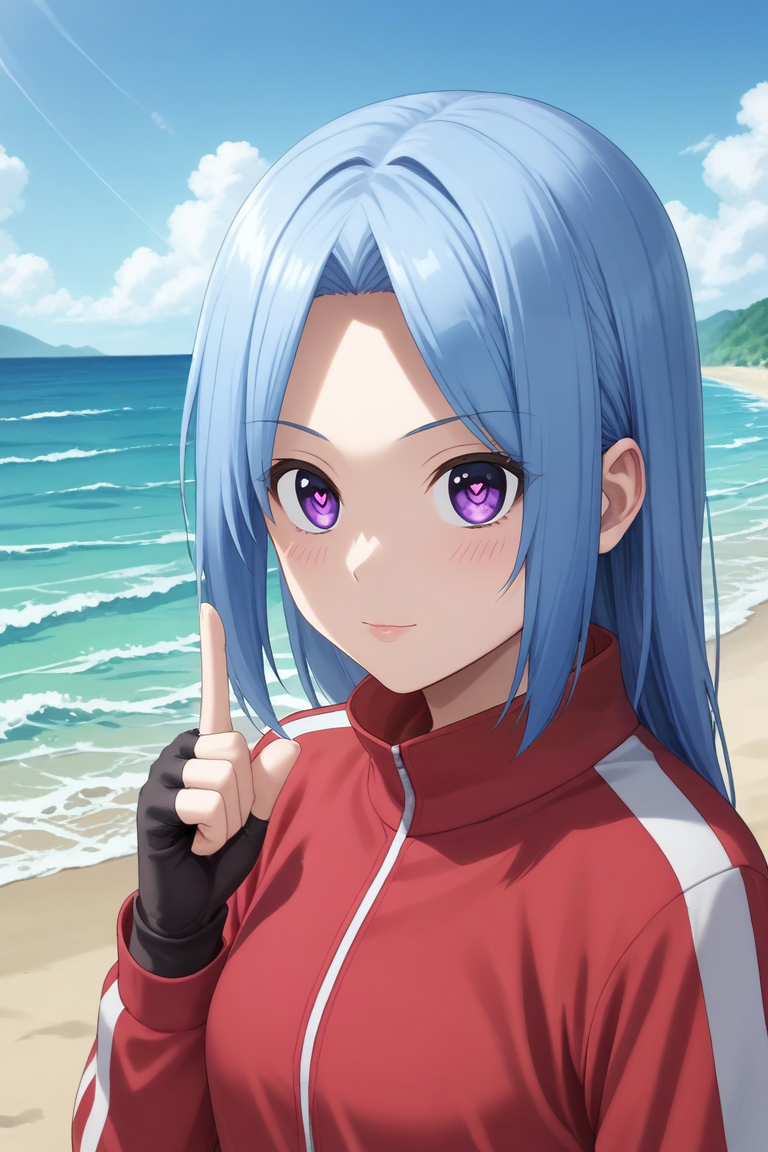 score_9, score_8_up, score_7_up, source_anime, rating_safe, , (realistic:0.6), , , 1girl, solo, <lora:aya_arisugawa_pony:0.82>, aya_arisugawa, blue hair, purple eyes, long hair, bangs, parted bangs, symmetry, beach, ocean, waves, island, dawn, index finger raised, heart eyes, track suit, fingerless gloves, <lora:sdxl_lightning_8step_lora:1>
