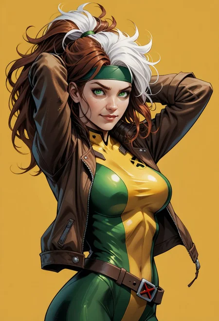 dskrge_xm3n, Animated Nightmares Style, 1girl, bodysuit, dyed bangs, green headband, two tone hair, messy hair, auburn hair, white hair, green eyes, brown jacket, two tone bodysuit, yellow bodysuit, green bodysuit, arms behind head, arms up, belt,  green eyes, headband, jacket, large breasts, long hair, looking at viewer, multicolored bodysuit, open clothes, ponytail, simple background, skin tight, smile, solo, superhero, white hair, yellow background, auburn hair, score_9, score_8_up, score_7_up, score_6_up, score_5_up, score_4_up,