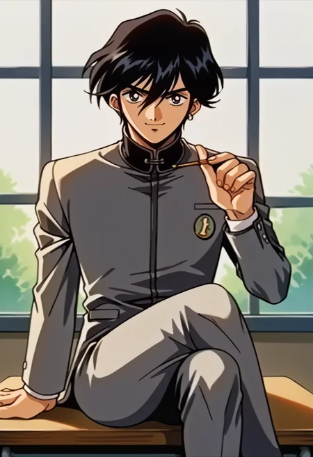 score_9, score_8_up, score_7_up, source_anime, BREAK solo, 1boy, <lora:Naoya-pdxl_Fp:1>, naoyap1, school uniform, grey pants, single earring, emblem, smile, hair between eyes, black hair, bangs, <lora:FeOva-pdxl_Fp:1>, retro artstyle, sitting on desk, classroom, crossed legs, looking at viewer,